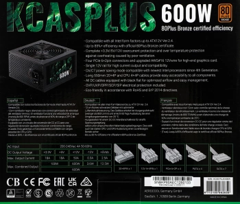 Блок питания Aerocool ATX 600W KCAS PLUS 600
