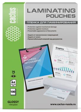 Пленка для ламинирования Cactus 75мкм A4 (100шт) глянцевая 216x303мм  CS-LPGA475100
