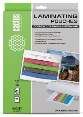 Пленка для ламинирования Cactus 125мкм A4 (25шт) глянцевая 216x303мм  CS-LPGA412525