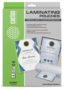 Пленка для ламинирования Cactus 100мкм A4 (25шт) глянцевая 216x303мм  CS-LPGA410025
