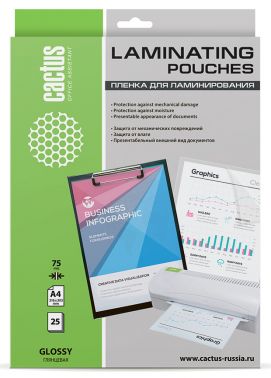 Пленка для ламинирования Cactus 75мкм A4 (25шт) глянцевая 216x303мм  CS-LPGA47525
