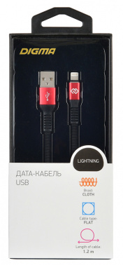 Кабель Digma LIGHT-1.2M-FLAT-BLK USB (m)-Lightning (m) 1.2м черный/красный плоский