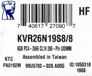 Память DDR4 8Gb 2666MHz Kingston  KVR26N19S8/8