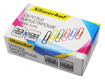 Скрепки Silwerhof 492021 металл пластиковая оболочка 33мм ассорти (упак.:100шт) картонная коробка