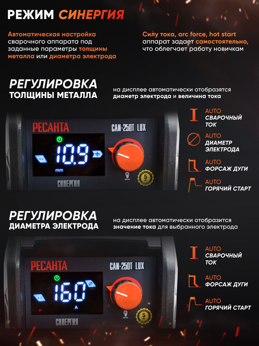 Сварочный аппарат Ресанта САИ-250Т LUX инвертор ММА DC 9.5кВт