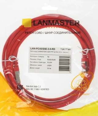 Патч-корд Lanmaster LAN-PC45/S5E-3.0-RD FTP RJ-45 вил.-вилка RJ-45 кат.5E 3м красный LSZH (уп.:1шт)
