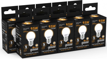 Лампа светодиодная Gauss 9.5Вт цок.:E27 шар 220B св.свеч.бел.теп. P45 (упак.:1шт) (105102110)
