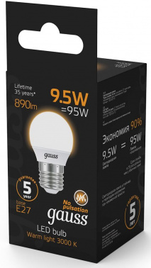 Лампа светодиодная Gauss 9.5Вт цок.:E27 шар 220B св.свеч.бел.теп. P45 (упак.:1шт) (105102110)