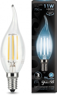 Лампа филам. Gauss Filament 11Вт цок.:E14 свеча 220B св.свеч.бел.нейт. CF35 (упак.:1шт) (104801211)