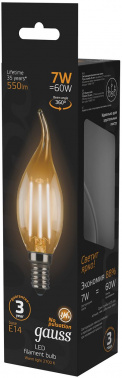 Лампа светодиодная Gauss Filament 7Вт цок.:E14 свеча 220B 2700K св.свеч.бел.теп. CF35 (упак.:1шт) (104801107)