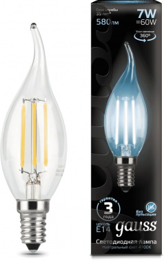 Лампа филам. Gauss Filament 7Вт цок.:E14 свеча 220B св.свеч.бел.нейт. CF35 (упак.:1шт) (104801207)
