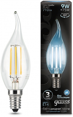 Лампа светодиодная Gauss Filament 9Вт цок.:E14 свеча 220B св.свеч.бел.нейт. CF35 (упак.:1шт) (104801209)
