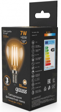Лампа светодиодная Gauss 7Вт цок.:E14 шар 220B св.свеч.бел.теп. P45 (упак.:1шт) (105801107)