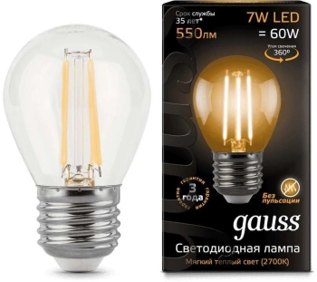 Лампа светодиодная Gauss Filament 7Вт цок.:E27 шар 220B св.свеч.бел.теп. P45 (упак.:1шт) (105802107)