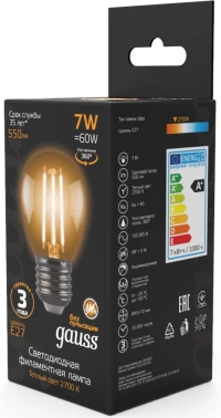 Лампа светодиодная Gauss Filament 7Вт цок.:E27 шар 220B св.свеч.бел.теп. P45 (упак.:1шт) (105802107)