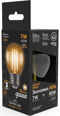 Лампа светодиодная Gauss Filament 7Вт цок.:E27 шар 220B св.свеч.бел.теп. P45 (упак.:1шт) (105802107)