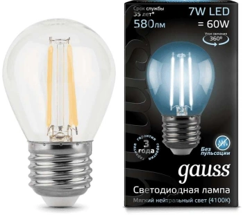 Лампа светодиодная Gauss Filament 7Вт цок.:E27 шар 220B св.свеч.бел.нейт. P45 (упак.:1шт) (105802207)