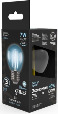 Лампа светодиодная Gauss Filament 7Вт цок.:E27 шар 220B св.свеч.бел.нейт. P45 (упак.:1шт) (105802207)