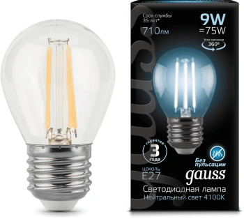 Лампа филам. Gauss Filament 9Вт цок.:E27 шар 220B св.свеч.бел.нейт. P45 (упак.:1шт) (105802209)