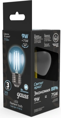 Лампа филам. Gauss Filament 9Вт цок.:E27 шар 220B св.свеч.бел.нейт. P45 (упак.:1шт) (105802209)