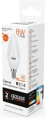 Лампа светодиодная Gauss Elementary 8Вт цок.:E14 свеча 220B св.свеч.бел.теп. С37 (упак.:10шт) (33118)