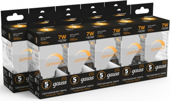 Лампа светодиодная Gauss 7Вт цок.:E14 шар 220B св.свеч.бел.теп. (упак.:1шт) (105101107-D)