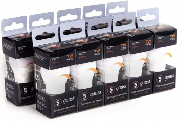 Лампа светодиодная Gauss 7Вт цок.:E27 шар 220B св.свеч.бел.теп. (упак.:10шт) (105102107-D)