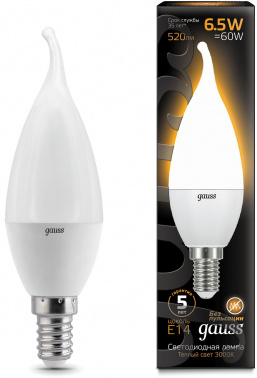 Лампа светодиодная Gauss 6.5Вт цок.:E14 свеча 220B св.свеч.бел.теп. (упак.:10шт) (104101107)