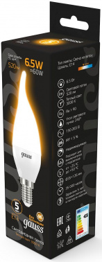 Лампа светодиодная Gauss 6.5Вт цок.:E14 свеча 220B св.свеч.бел.теп. (упак.:10шт) (104101107)