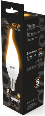 Лампа светодиодная Gauss 6.5Вт цок.:E14 свеча 220B св.свеч.бел.теп. (упак.:10шт) (104101107)