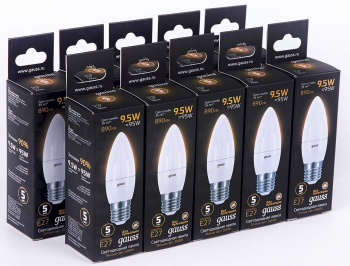 Лампа светодиодная Gauss 9.5Вт цок.:E27 свеча 220B св.свеч.бел.теп. (упак.:10шт) (103102110)