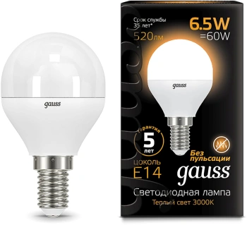 Лампа светодиодная Gauss 6.5Вт цок.:E14 шар 220B св.свеч.бел.теп. (упак.:1шт) (105101107)