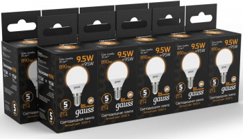 Лампа светодиодная Gauss 9.5Вт цок.:E14 шар 220B св.свеч.бел.теп. (упак.:10шт) (105101110)