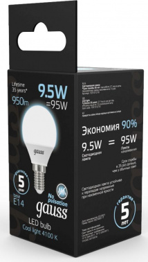 Лампа светодиодная Gauss 9.5Вт цок.:E14 шар 220B св.свеч.бел.нейт. (упак.:10шт) (105101210)