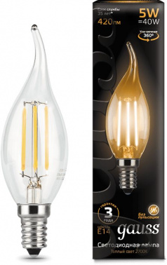 Лампа филам. Gauss Filament 5Вт цок.:E14 свеча 220B св.свеч.бел.теп. (упак.:10шт) (104801105)