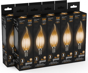 Лампа филам. Gauss Filament 5Вт цок.:E14 свеча 220B св.свеч.бел.теп. (упак.:10шт) (104801105)