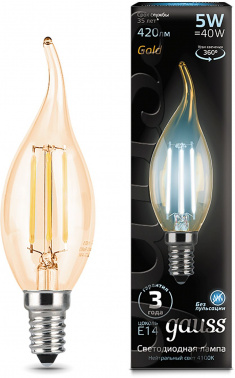 Лампа филам. Gauss Filament 5Вт цок.:E14 свеча 220B св.свеч.бел.нейт. (упак.:1шт) (104801805)