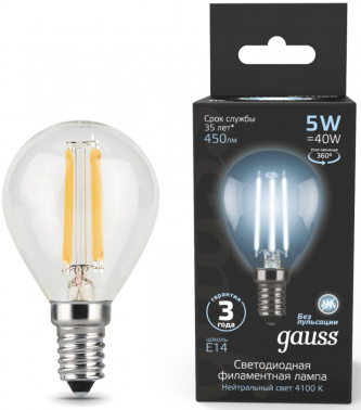 Лампа филам. Gauss Filament 5Вт цок.:E14 свеча 220B св.свеч.бел.нейт. (упак.:1шт) (105801205)