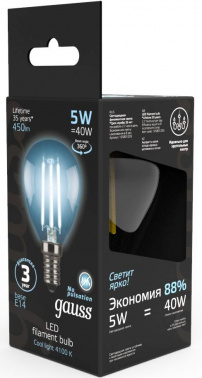 Лампа филам. Gauss Filament 5Вт цок.:E14 свеча 220B св.свеч.бел.нейт. (упак.:1шт) (105801205)