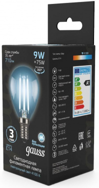Лампа филам. Gauss Filament 9Вт цок.:E14 шар 220B св.свеч.бел.нейт. (упак.:10шт) (105801209)
