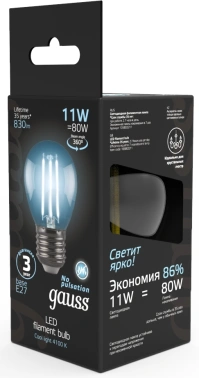 Лампа светодиодная Gauss Filament 11Вт цок.:E27 шар 220B св.свеч.бел.нейт. (упак.:1шт) (105802211)