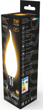 Лампа филам. Gauss Filament 5Вт цок.:E14 свеча 220B св.свеч.бел.теп. (упак.:1шт) (104201105)