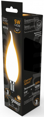 Лампа филам. Gauss Filament 5Вт цок.:E14 свеча 220B св.свеч.бел.теп. (упак.:1шт) (104201105)