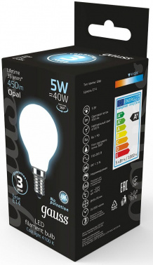 Лампа светодиодная Gauss Filament 5Вт цок.:E14 шар 220B св.свеч.бел.нейт. (упак.:1шт) (105201205)