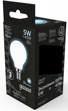Лампа светодиодная Gauss Filament 5Вт цок.:E14 шар 220B св.свеч.бел.нейт. (упак.:1шт) (105201205)
