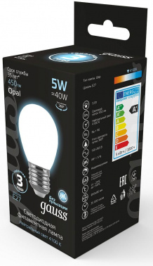 Лампа филам. Gauss Filament 5Вт цок.:E27 шар 220B св.свеч.бел.нейт. (упак.:1шт) (105202205)