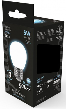Лампа филам. Gauss Filament 5Вт цок.:E27 шар 220B св.свеч.бел.нейт. (упак.:1шт) (105202205)