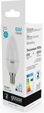 Лампа светодиодная Gauss Elementary 6Вт цок.:E14 свеча 220B св.свеч.бел.нейт. С35 (упак.:1шт) (33126)