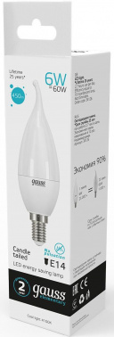 Лампа светодиодная Gauss Elementary 6Вт цок.:E14 свеча 220B св.свеч.бел.нейт. (упак.:10шт) (34126)