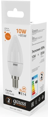 Лампа светодиодная Gauss Elementary 10Вт цок.:E14 свеча 220B св.свеч.бел.теп. (упак.:1шт) (33110)